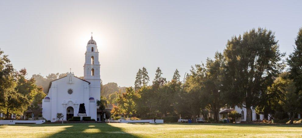 The Saint Mary's Chapel with a green lawn in front of it